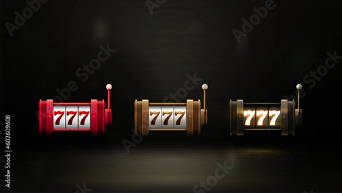 Collection of volumetric slot machines with jackpots isolated on dark background for your arts. Red, gold and black slot machines