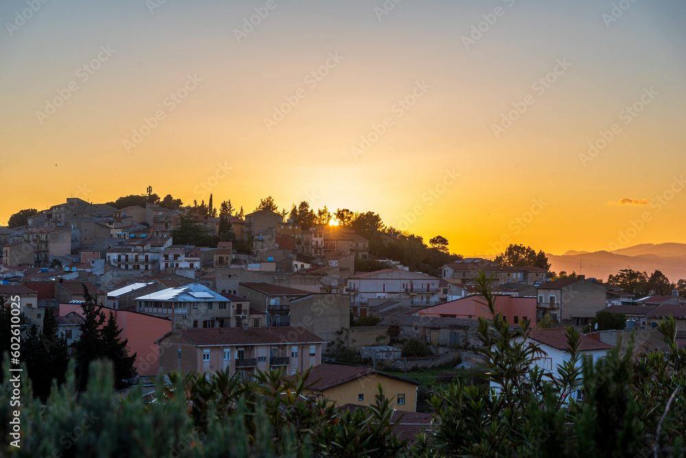 Panorama of Montedoro at Sunset, Caltanissetta, Sicily, Italy, Europe