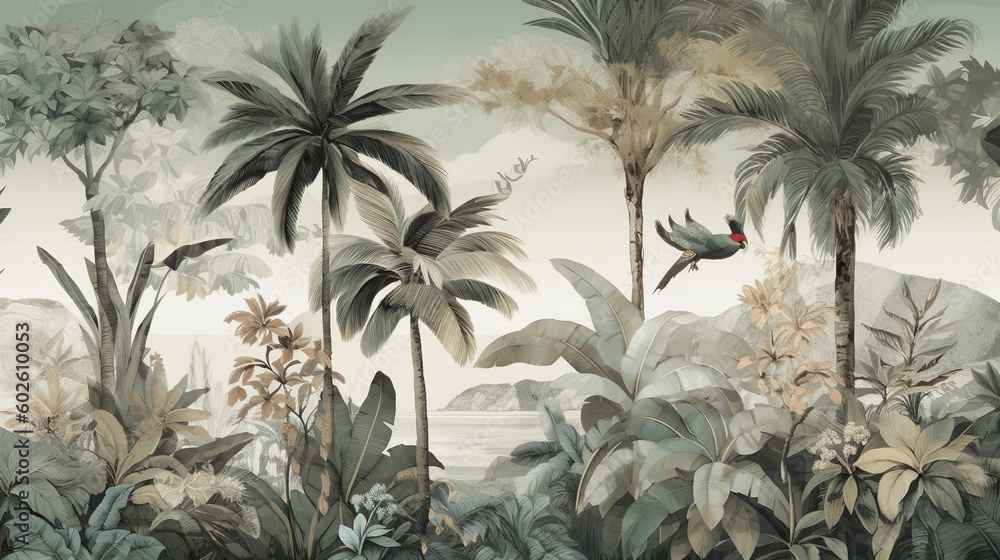 Tropical Paradise: Lush Coconut Trees and Exotic Flora. Generative AI