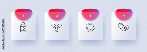 Tablet medication icon set. Pharmaceutical drugs, oral medication, dosage. Health treatment. Glassmorphism style. Vector line icon for Business and Advertising