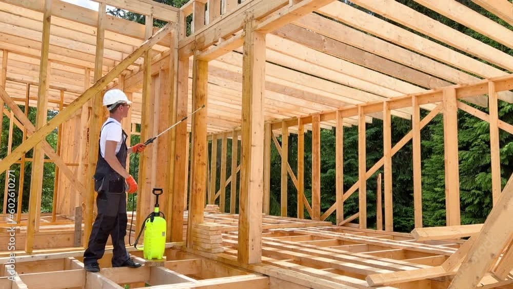 Laborer constructing wooden frame house near forest. Man treating woods, applying fire retardant using sprayer, while dressed in protective suit, helmet. Concept of modern eco-friendly construction. Laborer constructing wooden frame house near forest. Man treating woods, applying fire retardant using sprayer, while dressed in protective suit, helmet. Concept of modern eco-friendly construction.