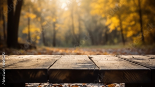 A Beautiful Outdoor Scene: Empty Wooden Table with Blurred Background of Autumn Trees. Serene Autumn Atmosphere. Copy Space. Product Ad. AI Generative