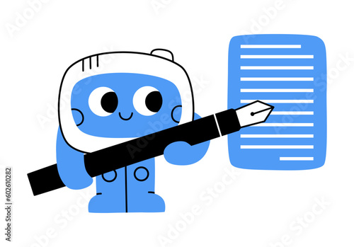 Hand drawn cute cartoon illustration of robot holding a pen and creates a message bubble. Flat vector artificial intelligence generates text in doodle style. Ai chatbot answers questions. Isolated.