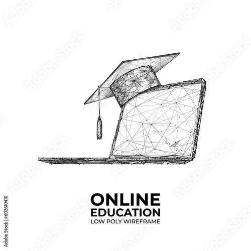 Digital graduation cup and laptop isolated on white background. Home online learning concept. Abstract 3D wireframe vector illustration.