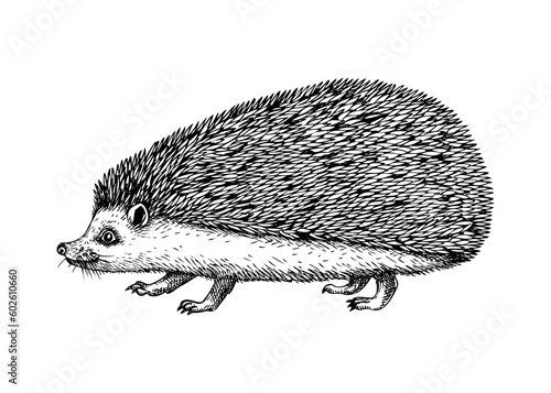 Hedgehog vector sketch. Hand drawn wildlife illustration in engraved style. Mammal isolated on white background. Black and white animal drawing for print, poster, card, cover.