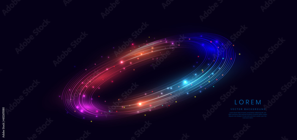 Obraz premium Abstract technology futuristic glowing blue and red light curved lines with high-speed effect on dark blue background.