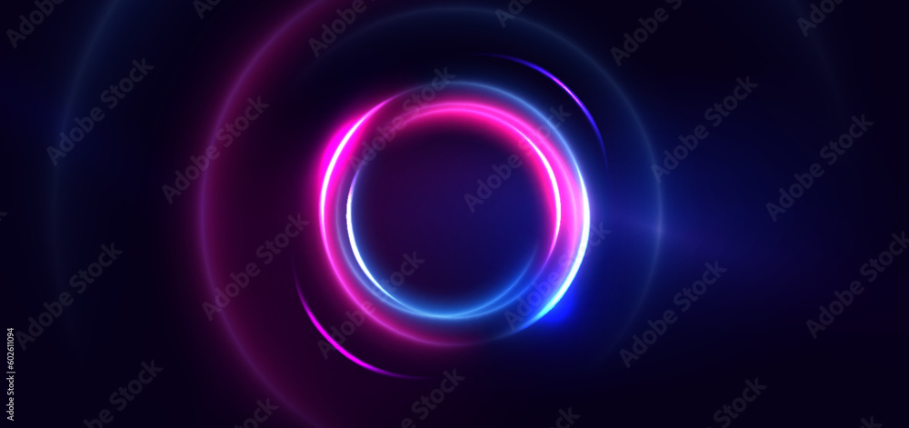 Abstract technology futuristic circles neon glowing blue and pink light lines with speed motion blur effect on dark blue background. - obrazy, fototapety, plakaty 