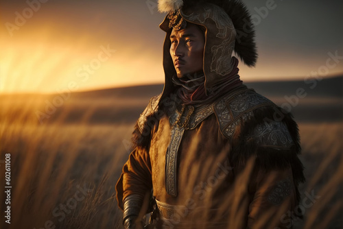 portrait of medieval Kazakh warrior man in traditional historical armor. Generative AI illustration
