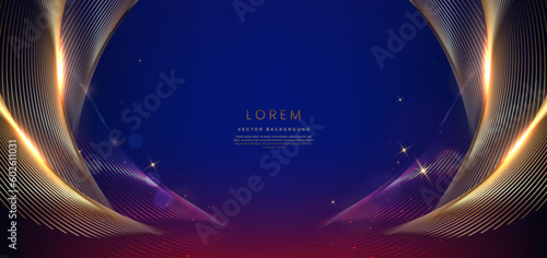 Abstract elegant dark blue background with golden curved line and lighting effect. Luxury template celebration award design.