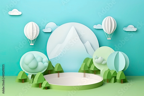 3D paper cut of Summer season on green nature landscape  hot air balloons and clouds on blue sky background