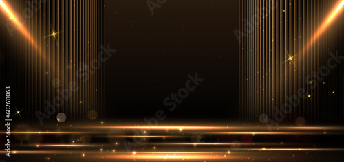 Elegant golden stage horizontal glowing with lighting effect sparkle on black background. Template premium award design.