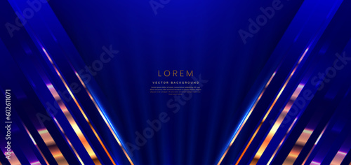 Abstract elegant dark blue background with golden line and lighting effect. Luxury template celebration award design.