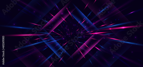 Abstract technology futuristic square neon glowing blue and pink light lines with speed motion blur effect on dark blue background.