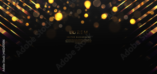 Abstract elegant black background with golden lines and lighting effect bokeh. Luxury template award design.