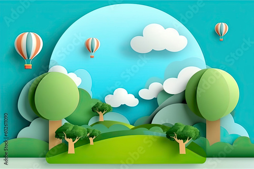 3D paper cut of Summer season on green nature landscape  hot air balloons and clouds on blue sky background