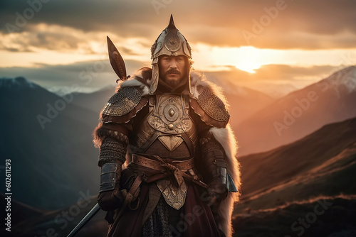 medieval asian man armed Kazakh warrior in traditional historical armor in mountains at sunset. Generative AI illustration photo