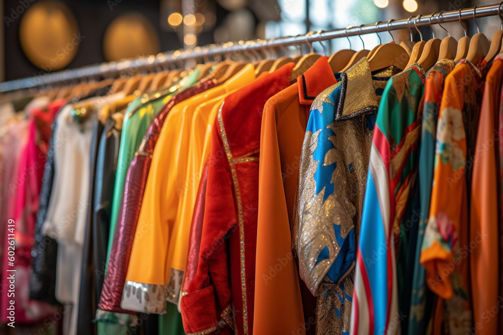 An eclectic display of vintage clothing hanging on racks, with vibrant colors and unique patterns, creating a nostalgic atmosphere in the store Generative AI