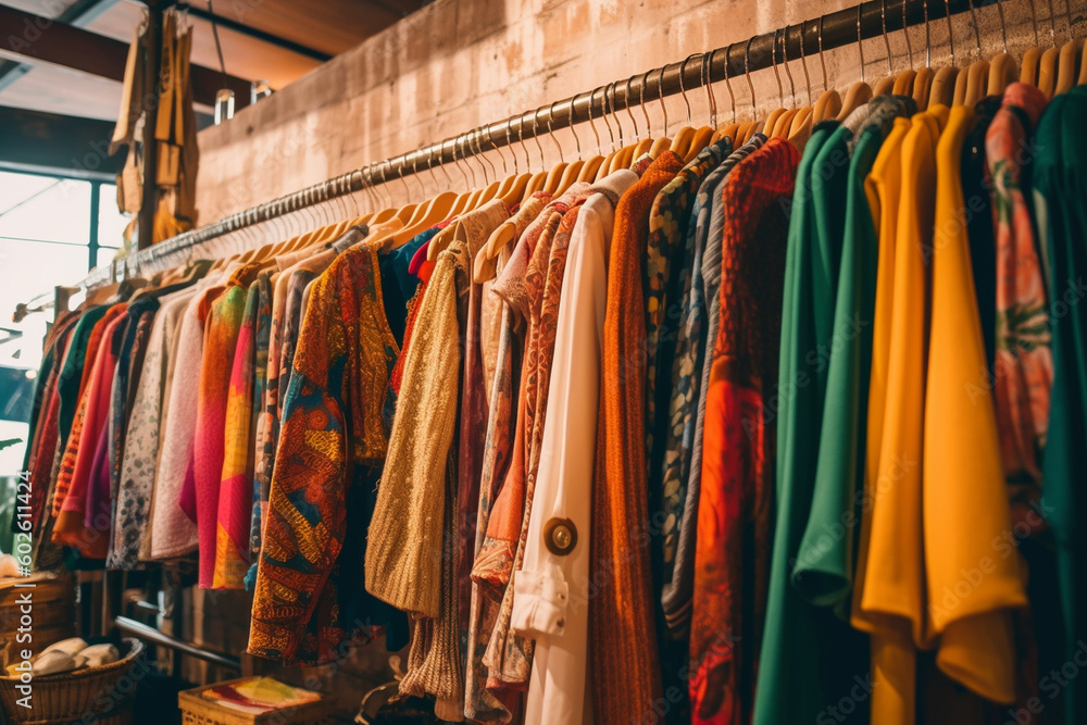 An eclectic display of vintage clothing hanging on racks, with vibrant ...