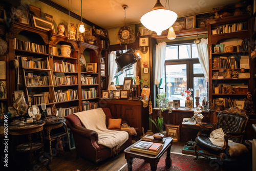 A cozy corner of the vintage store adorned with antique furniture and shelves filled with vintage books, inviting visitors to immerse themselves in the charm of the past Generative AI