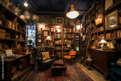 A cozy corner of the vintage store adorned with antique furniture and shelves filled with vintage books, inviting visitors to immerse themselves in the charm of the past Generative AI © Denis Yevtekhov