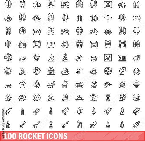100 rocket icons set. Outline illustration of 100 rocket icons vector set isolated on white background