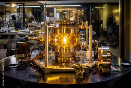A quantum computing lab with superconducting qubits stored in cryogenic chambers, laser setups for quantum entanglement experiments, and scientists exploring the frontiers of compu Generative AI © Denis Yevtekhov