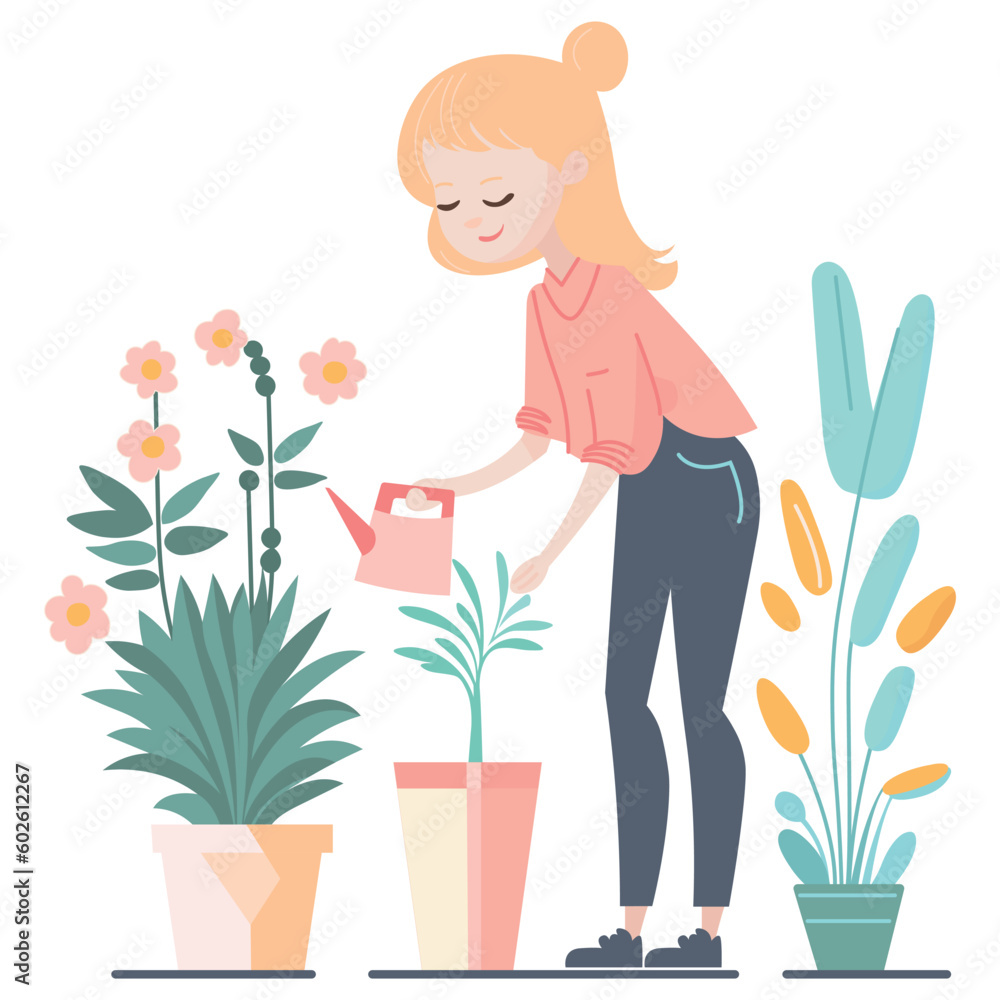 Vector illustration of a young girl watering potted flowers with a watering can. Houseplant care. Blond woman in jeans. Simple flat style. Pastel shades. Vector illustration of a young girl watering potted flowers with a watering can. Houseplant care. Blond woman in jeans. Simple flat style. Pastel shades.