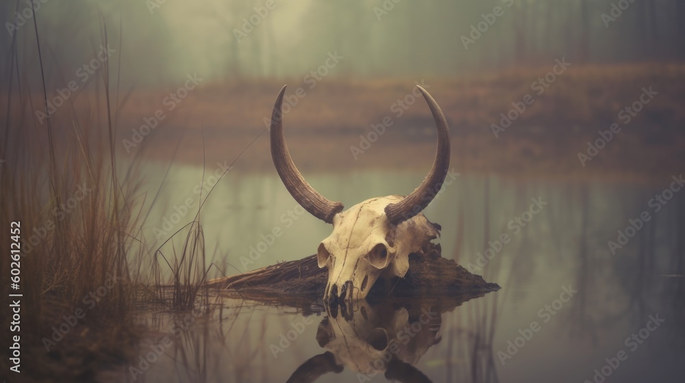 Obraz premium Creepy looking old buffalo skull with long horns that died in dirty murky water swamp, eerie mist of death and rotting decay hangs in air - generative AI