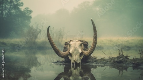 Creepy looking old buffalo skull with long horns that died in dirty murky water swamp  eerie mist of death and rotting decay hangs in air - generative AI