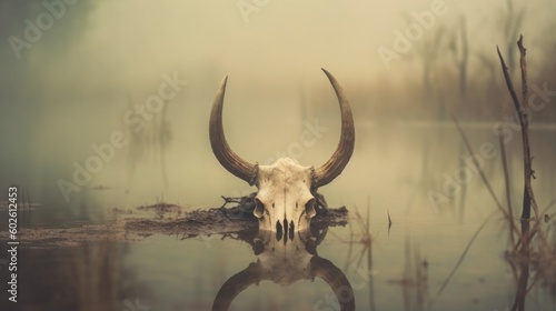 Creepy looking old buffalo skull with long horns that died in dirty murky water swamp, eerie mist of death and rotting decay hangs in air - generative AI