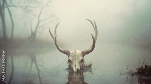 Creepy looking old buffalo skull with long horns that died in dirty murky water swamp, eerie mist of death and rotting decay hangs in air - generative AI