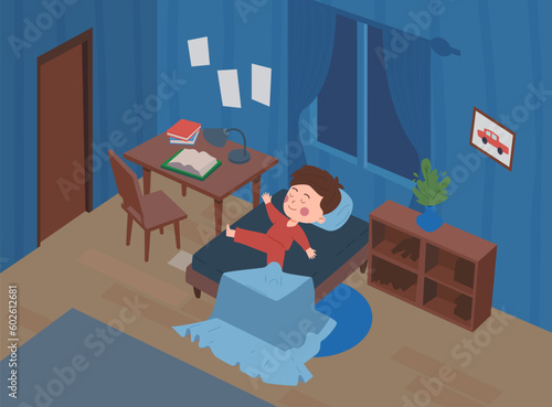 Boy calmly sleeping in his bedroom, flat vector illustration.