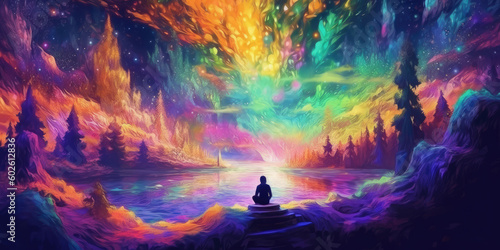 Mindful Watercolors and Abstract Tranquility: A Trippy Psychedelic Illustration of a Person in Serene Landscapes - Generative AI photo