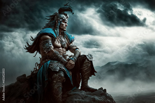 medieval asian armed male Kazakh warrior in traditional armor on top of mountain. Generative AI