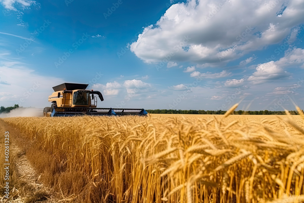 Fototapeta premium Against the backdrop of a sunny summer day and blue sky with clouds. Combine harvester harvesting