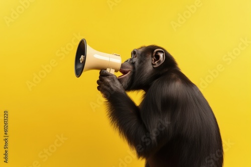 Chimpanzee with megaphone on yellow background, advertisement concept, digital illustration. Generative AI