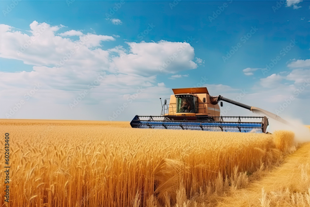 Against the backdrop of a sunny summer day and blue sky with clouds. Combine harvester harvesting Against the backdrop of a sunny summer day and blue sky with clouds. Combine harvester harvesting