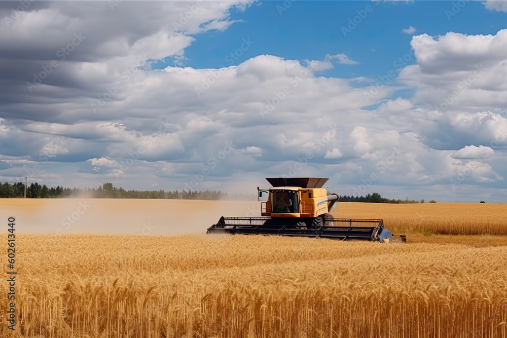 Fototapeta premium Against the backdrop of a sunny summer day and blue sky with clouds. Combine harvester harvesting