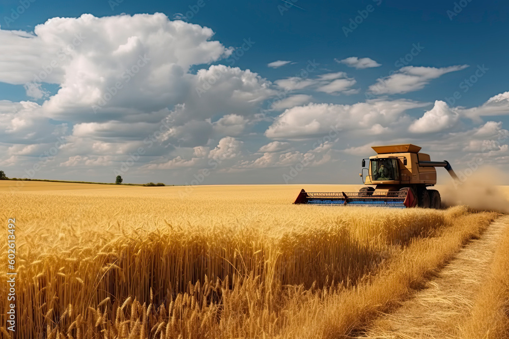 Fototapeta premium Against the backdrop of a sunny summer day and blue sky with clouds. Combine harvester harvesting