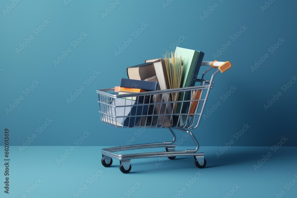 Shopping cart full of books, blue background, digital illustration. Generative AI