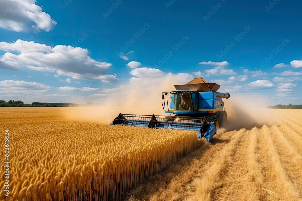 Fototapeta premium Against the backdrop of a sunny summer day and blue sky with clouds. Combine harvester harvesting