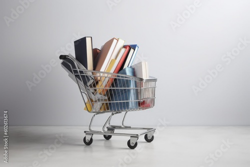 Shopping cart full of books, white background, digital illustration. Generative AI