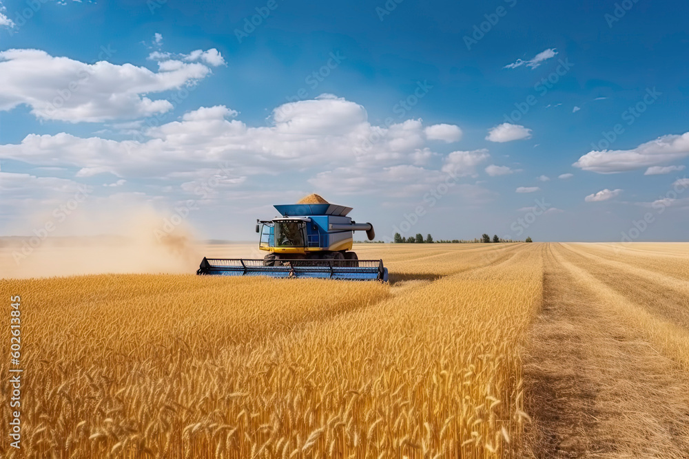 Fototapeta premium Against the backdrop of a sunny summer day and blue sky with clouds. Combine harvester harvesting