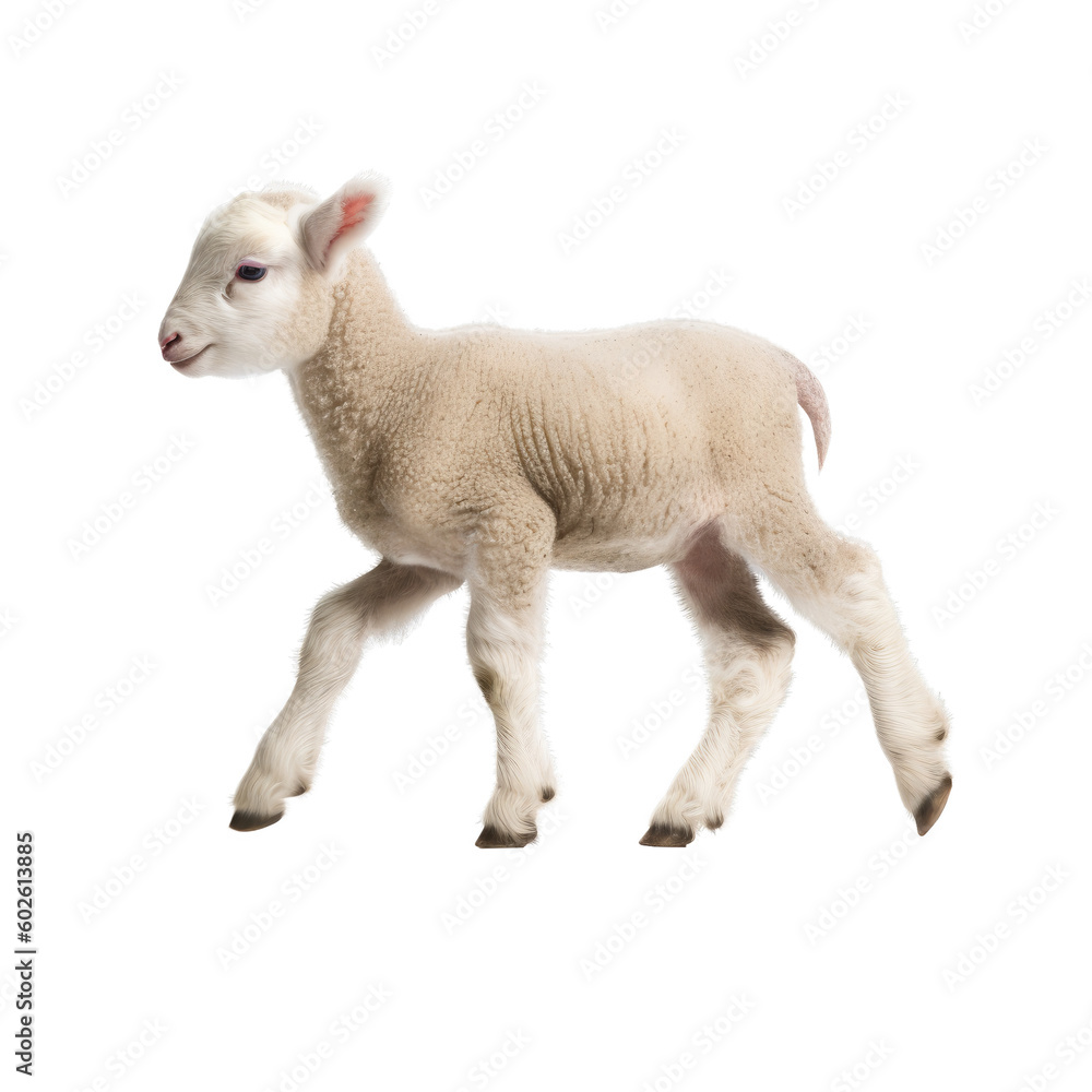 cute lamb walking , isolated on transparent background cutout , generative ai