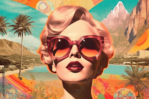 Illustratie van een vrouw met zonnebril, in een stijl geïnspireerd door pop-art en dromerige compositie, reizen, retro glamour. Generatieve AI © Gelpi
