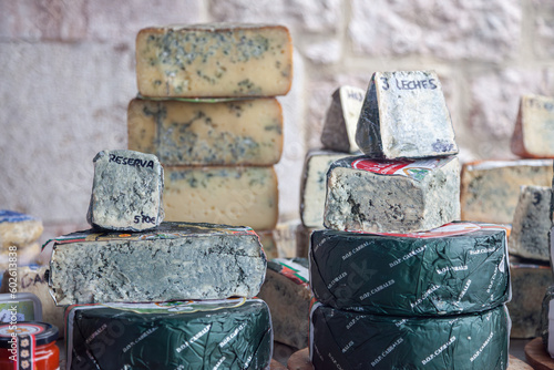 exhibition of typical blue cheese from northern Spain at a market in Asturias