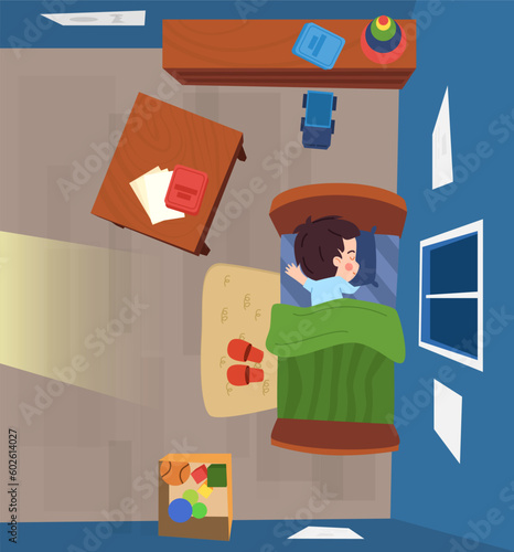 Cute sleeping child boy top view flat style, vector illustration