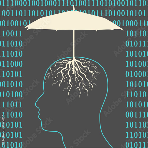 Human head silhouette with umbrella under digital rain. Digital detox concept