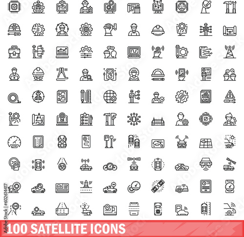 100 satellite icons set. Outline illustration of 100 satellite icons vector set isolated on white background