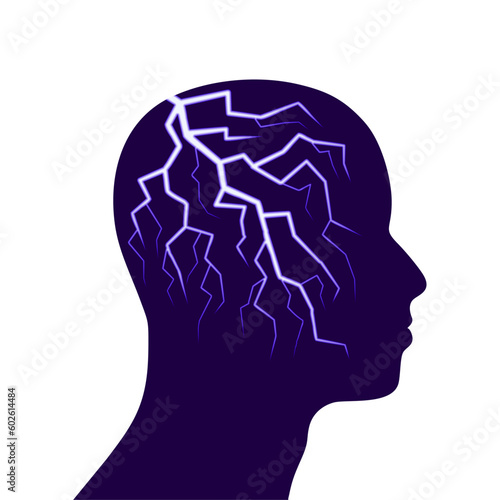 Powerful intelligence with an electric lightning bolt strike in the shape of a human head. Brain function neurology health care symbol.